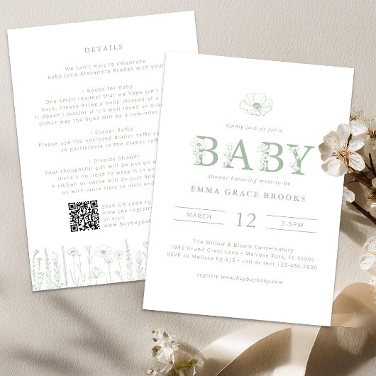 Invitation Sage Green Wildflower Baby Shower All-in-One 