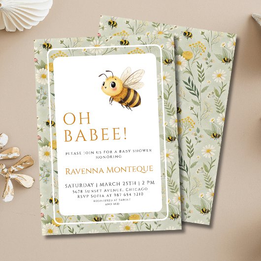 Invitation Sage Green Wildflower Bee Custom Oh Babee Shower