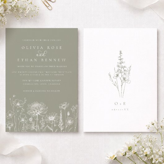 Invitation Sage Green Wildflower Line Art Wedding 