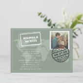Invitation Sage Green World Map Destination Mariage Réception (Debout devant)