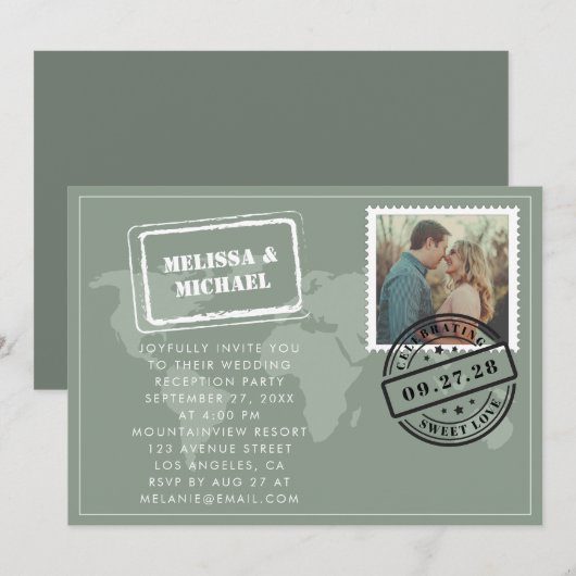 Invitation Sage Green World Map Destination Mariage Réception (Devant / Derrière)