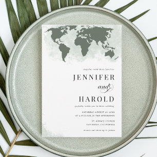 Invitation Sage Green World Map QR Code Destination Mariage