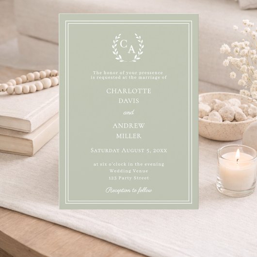 Invitation Sage green wreath monogram simple wedding