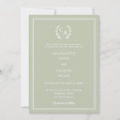 Invitation Sage green wreath monogram simple wedding (Devant)