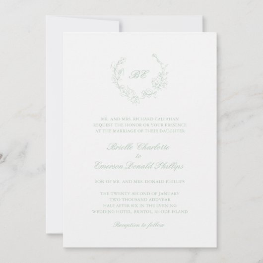Invitation Sage Green Wreath Monogramme QR Code Mariage éléga (Devant)