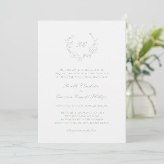 Invitation Sage Green Wreath Monogramme QR Code Mariage éléga (Debout devant)