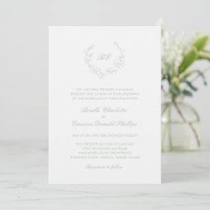 Invitation Sage Green Wreath Monogramme QR Code Mariage éléga