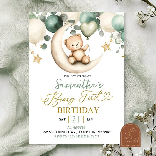 Invitation Sage Greenery Beary Premier Anniversaire