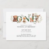 Invitation Sage Greenery Bois Animaux 1er Anniversaire (Devant)