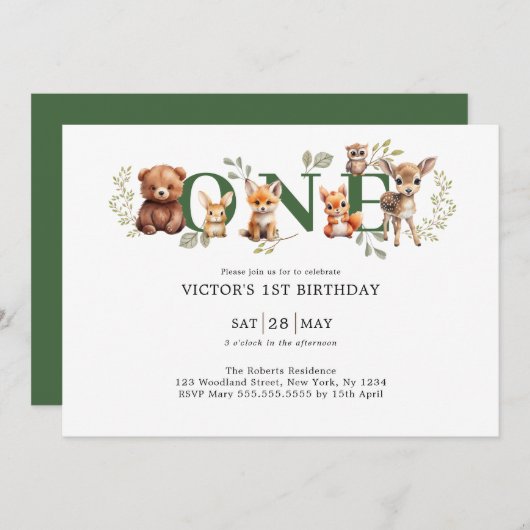 Invitation Sage Greenery Bois Animaux 1er Anniversaire (Devant / Derrière)