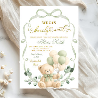 Invitation Sage Greenery Bow Coquette Bear Baby Shower
