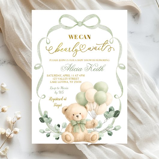 Invitation Sage Greenery Bow Coquette Bear Baby Shower
