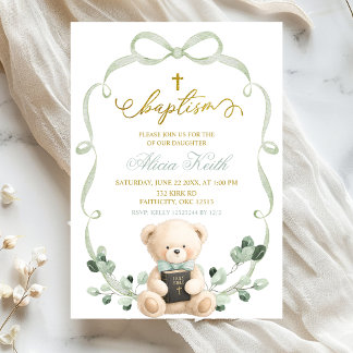 Invitation Sage Greenery Bow Coquette Bear Baptism
