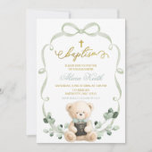 Invitation Sage Greenery Bow Coquette Bear Baptism (Devant)