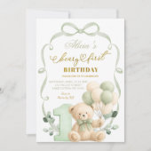 Invitation Sage Greenery Bow Coquette Beary First Birthday (Devant)