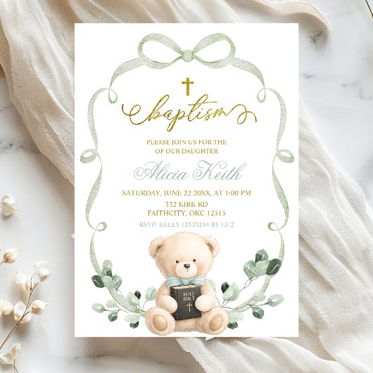 Invitation Sage Greenery Bow Coquette Ours Baptême