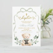 Invitation Sage Greenery Bow Coquette Ours Baptême (Debout devant)