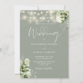Invitation Sage Greenery Chaîne Lights QR Code Mariage photo (Devant)