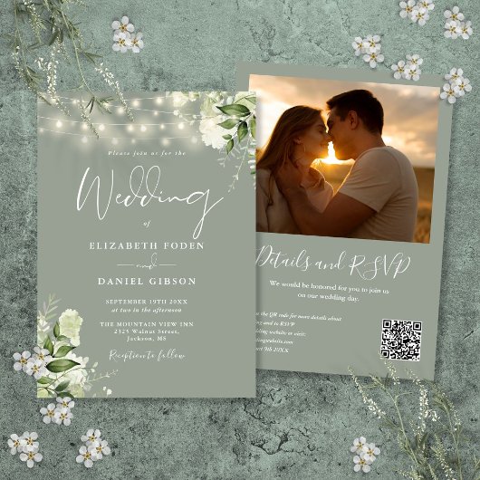 Invitation Sage Greenery Chaîne Lights QR Code Mariage photo
