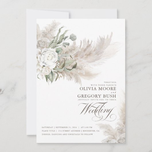Invitation Sage Greenery Fleurs blanches Pampas Grass Mariage (Devant)