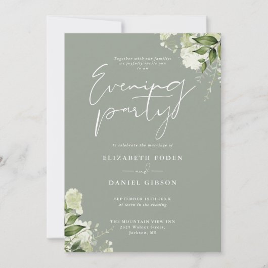 Invitation Sage Greenery Floral QR Code Mariage Soirée (Devant)