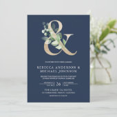 Invitation Sage Greenery Gold Ampersand Navy Blue Mariage (Debout devant)
