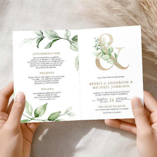 Invitation Sage Greenery Gold Ampersand QR Code Wedding