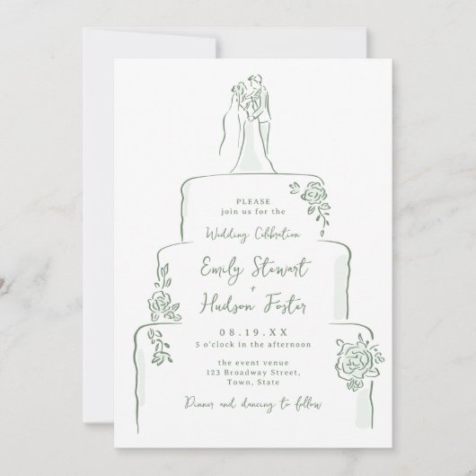 Invitation Sage Hand Drawn Wedding Cake Whimsical (Devant)