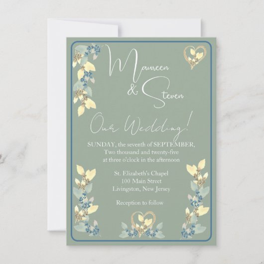 Invitation Sage, Jaune et Bleu teintes Mariage Floral (Devant)