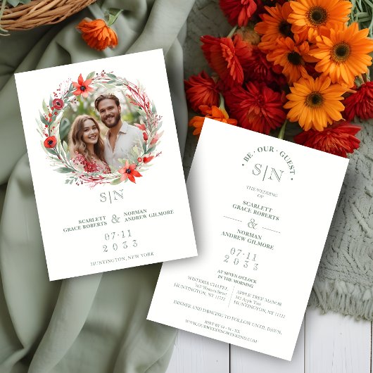 Invitation Sage Luxury Initials Floral Red Shades Round Photo