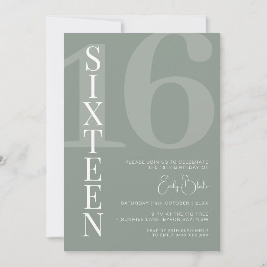 Invitation Sage minimaliste Seize fête d'anniversaire (Devant)