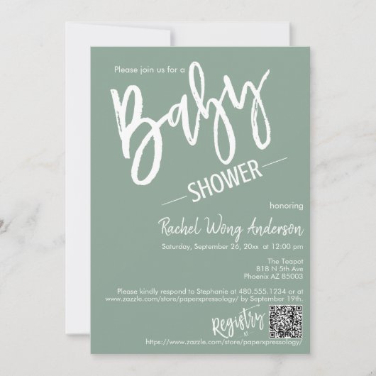 Invitation Sage moderne Baby shower de script vert QR Code ph (Devant)