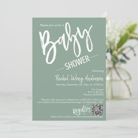 Invitation Sage moderne Baby shower de script vert QR Code ph (Debout devant)