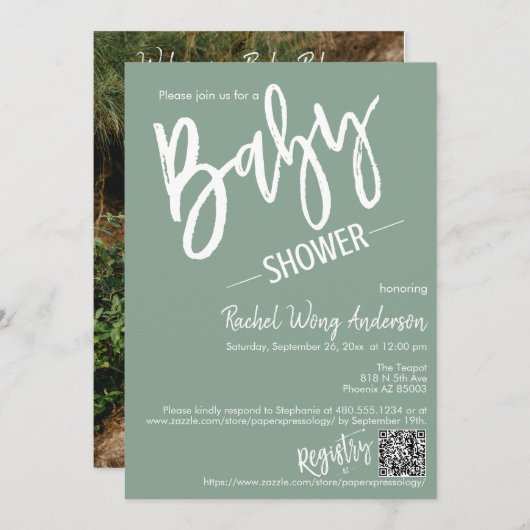 Invitation Sage moderne Baby shower de script vert QR Code ph (Devant / Derrière)