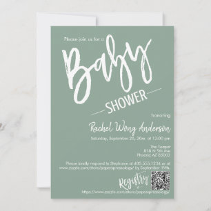 Invitation Sage moderne Baby shower de script vert QR Code ph