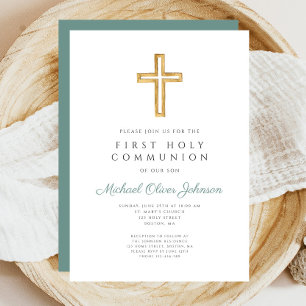 Invitation Sage moderne Croix verte Première communion religi