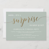 Invitation Sage moderne & Gold Script Surprise fête d'anniver (Devant)