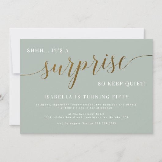 Invitation Sage moderne & Gold Script Surprise fête d'anniver (Devant)