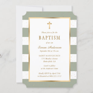 Invitation Sage moderne Green Gold Cross Stars Baptême
