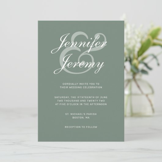 Invitation Sage moderne Vert blanc Script Tout en un Mariage (Debout devant)