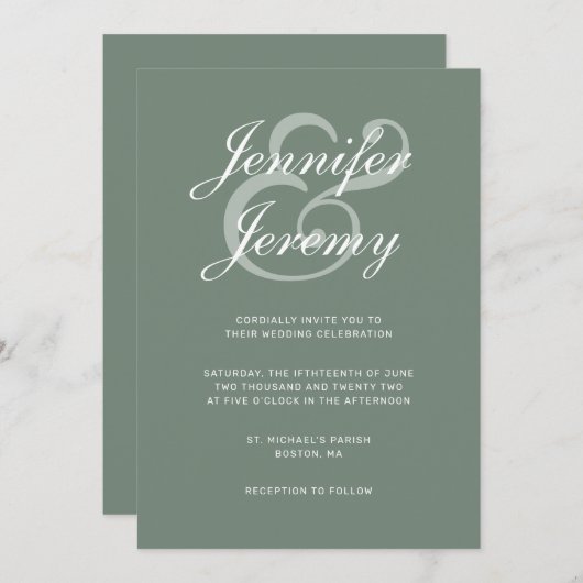 Invitation Sage moderne Vert blanc Script Tout en un Mariage (Devant / Derrière)
