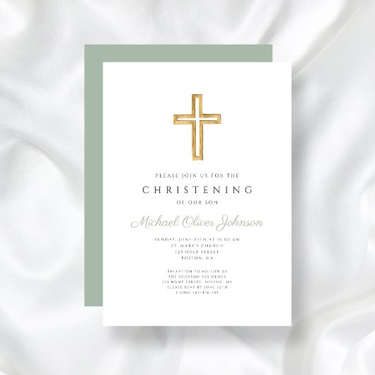 Invitation Sage moderne Vert Croix religieuse Christening