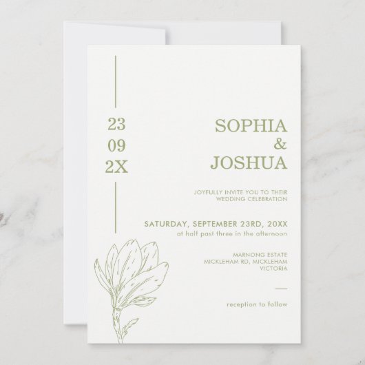 Invitation Sage moderne Vert Date Line Photo Mariage Floral (Devant)