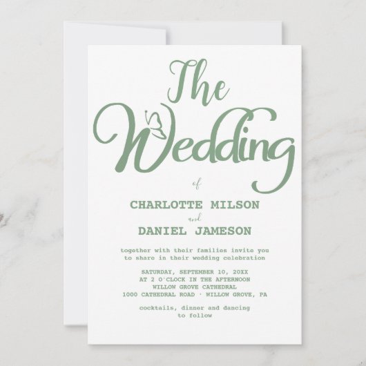 Invitation Sage moderne Vert et blanc Mariage simple (Devant)