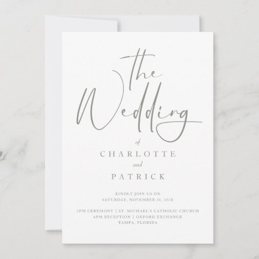 Invitation Sage moderne Vert et blanc Mariage simple (Devant)