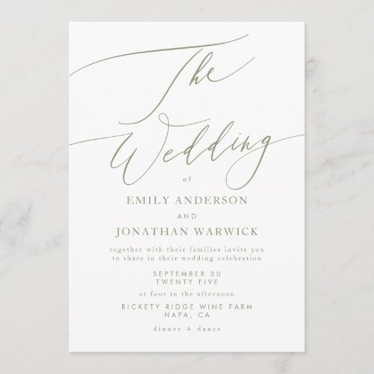 Invitation Sage moderne Vert et blanc Mariage simple (Devant)