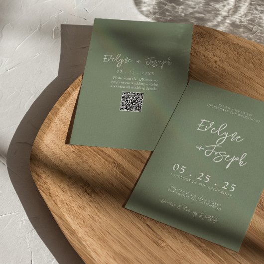 Invitation Sage moderne vert printemps Boho QR Code Mariage