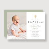Invitation Sage moderne Vert Religieux Garçon Photo Baptême
