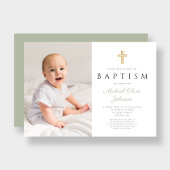 Invitation Sage moderne Vert Religieux Garçon Photo Baptême