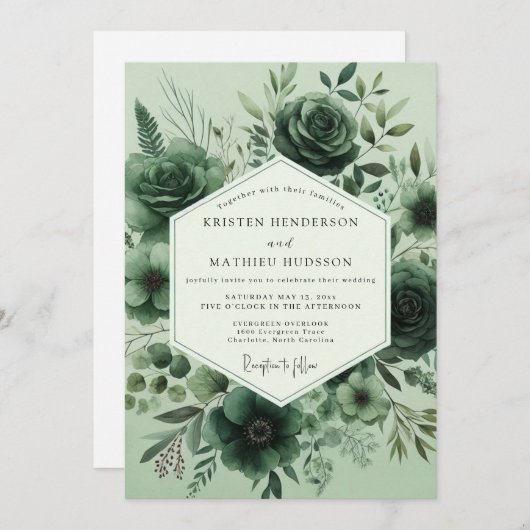 Invitation Sage Monochromatic Flora Wedding (Devant / Derrière)